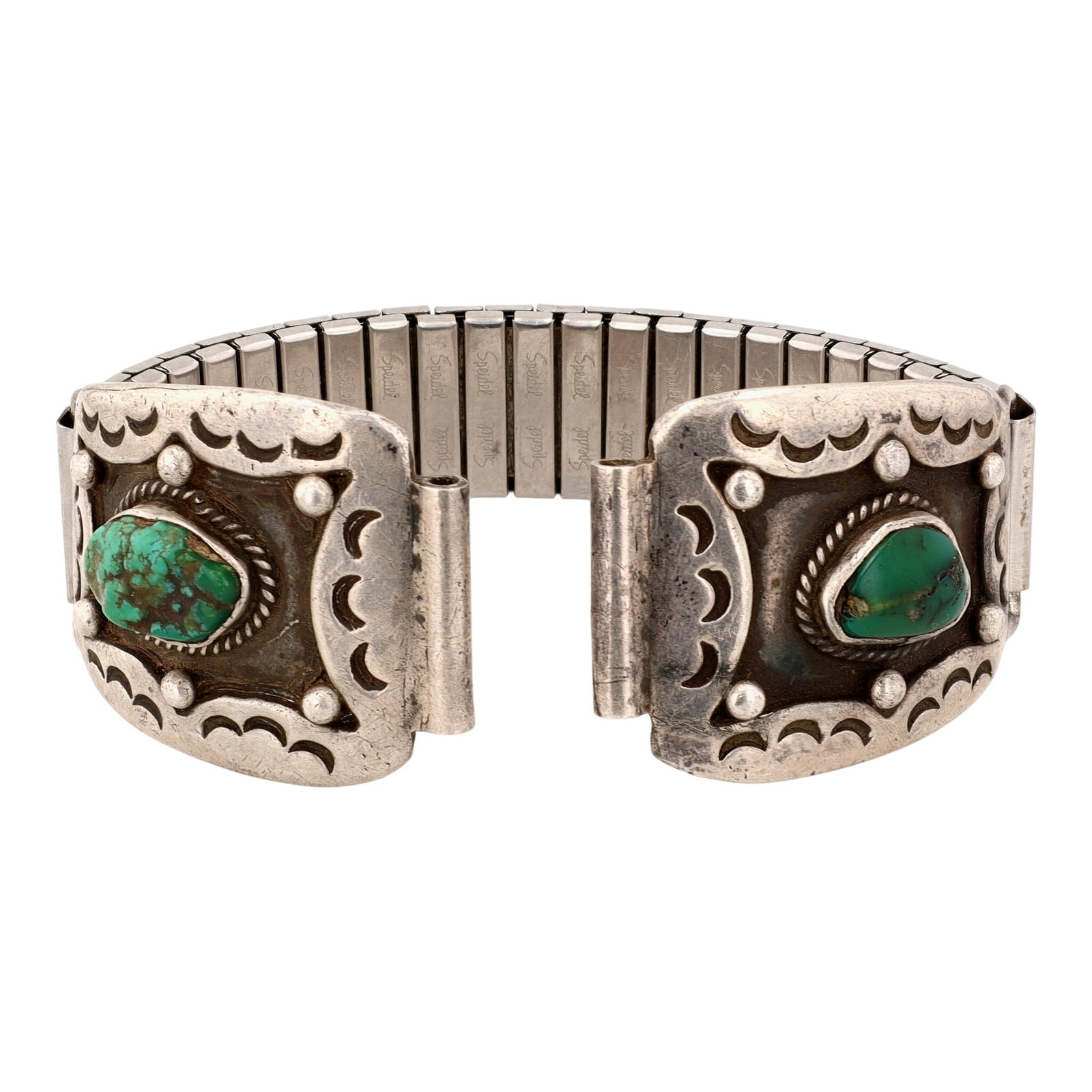 Vintage Navajo Sterling Turquoise Watch Nibs: Vintage Navajo Sterling Turquoise Watch Nibs Speidel Band 50g