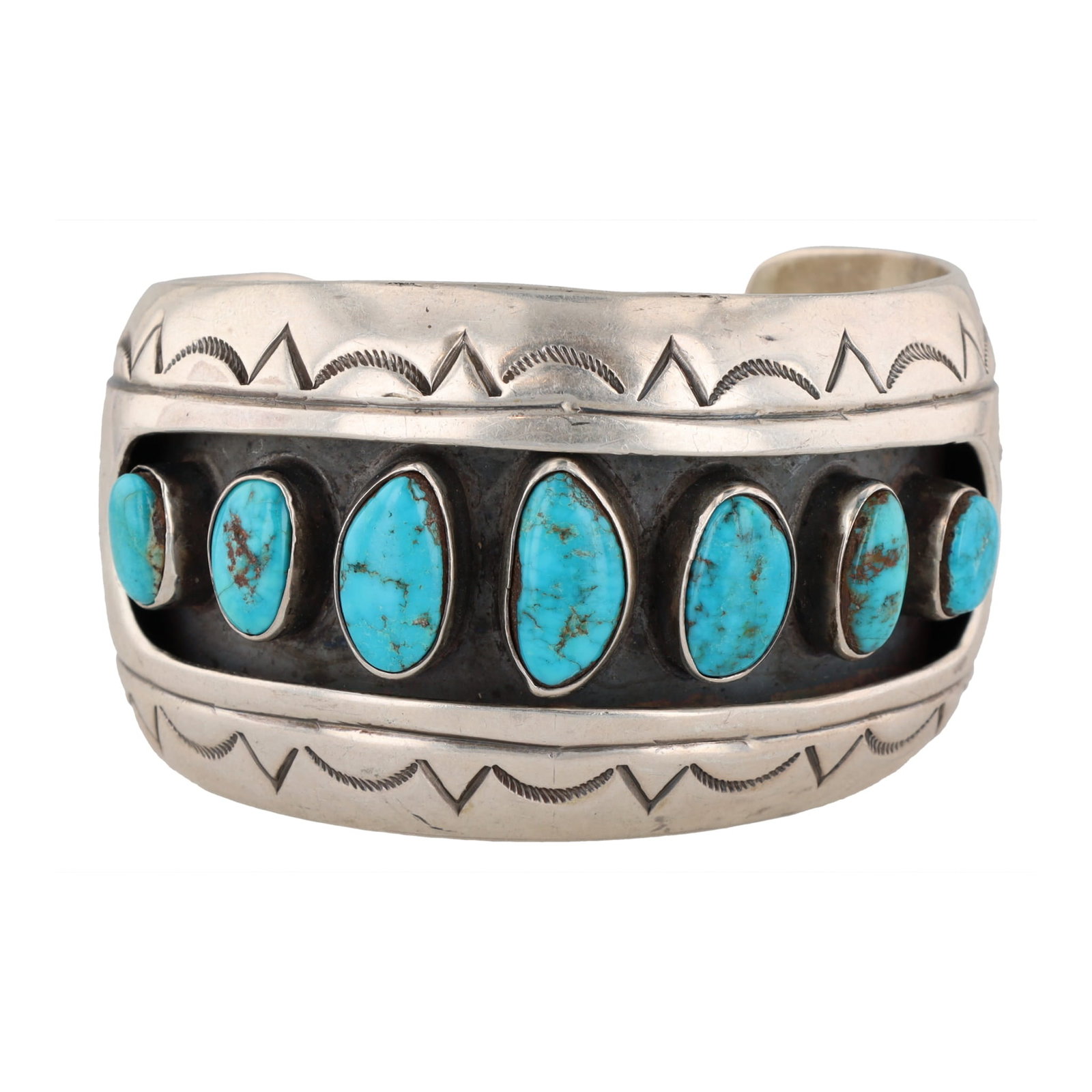 Signed Vintage Navajo Sterling Turquoise Shadow Box Cuff Bracelet (1 of 7)