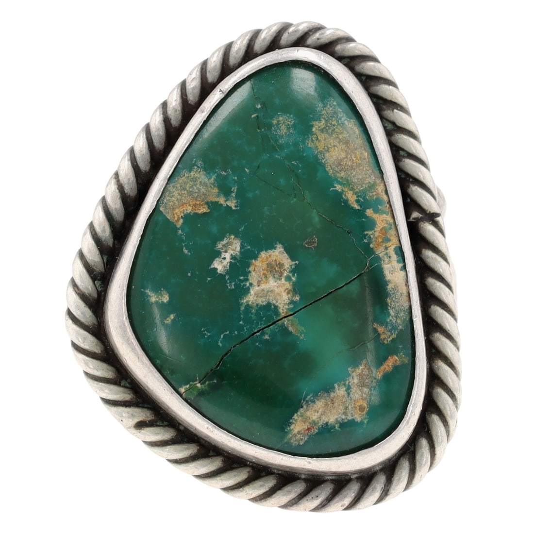 Signed Vintage Navajo Sterling Green Turquoise Ring Sz 6.75: Pictograph Vintage Navajo Sterling Green Turquoise Ring Sz 6.75, 14g-Crack shown in photos