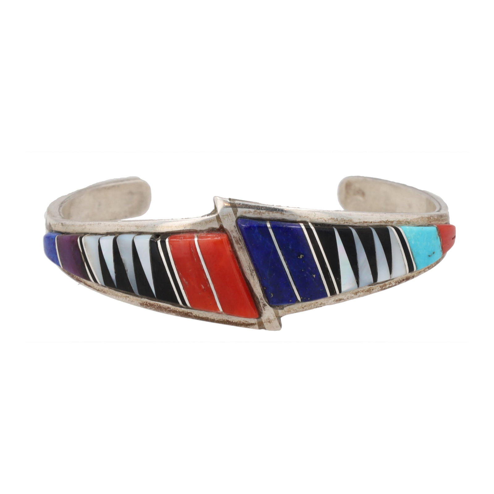 Elena Panchella Zuni Sterling Multi-Stone Raised Inlay Cuff Bracelet: Elena Panchella Zuni Sterling Multi-Stone Raised Inlay Cuff Bracelet 22.5g-Coral, Turquoise, Lapis, Mother-of-Pearl, Jet