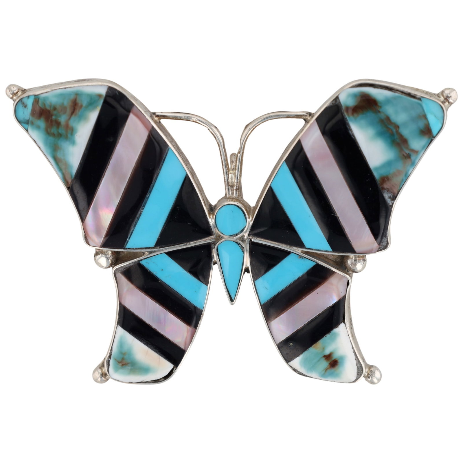 Angus Ahiyite Zuni Sterling Multi-Stone Butterfly Inlay Brooch Pendant: Angus Ahiyite Zuni Sterling Multi-Stone Butterfly Inlay Brooch Pendant 16g-Shell, Mother-of-Pearl, Turquoise, Onyx