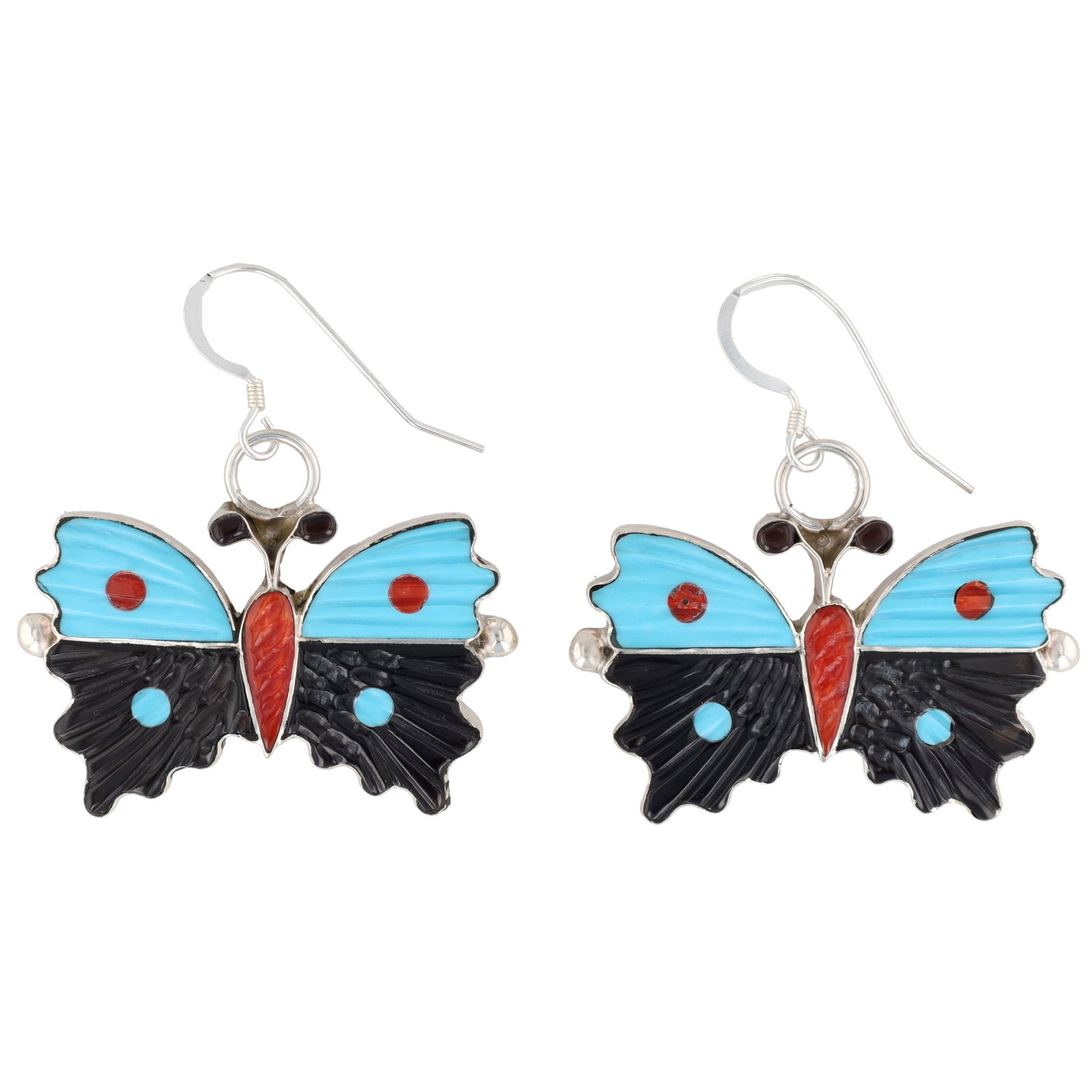 Tamara Pinto Zuni Sterling Multi Stone Butterfly Earrings: Tamara Pinto Zuni Sterling Multi Stone Butterfly Earrings 12g-Coral, Turquoise, Jet