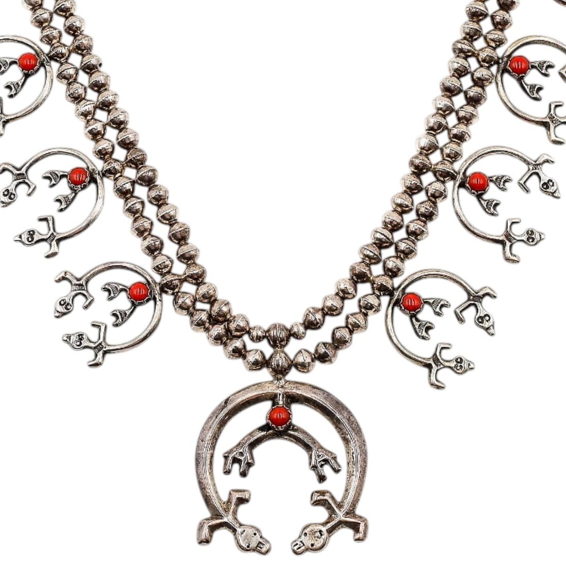 Vintage Navajo Sandcast Sterling Coral Rainbow Man Squash Blossom Necklace: Vintage Navajo Sandcast Sterling Coral Rainbow Man Squash Blossom Necklace 160g