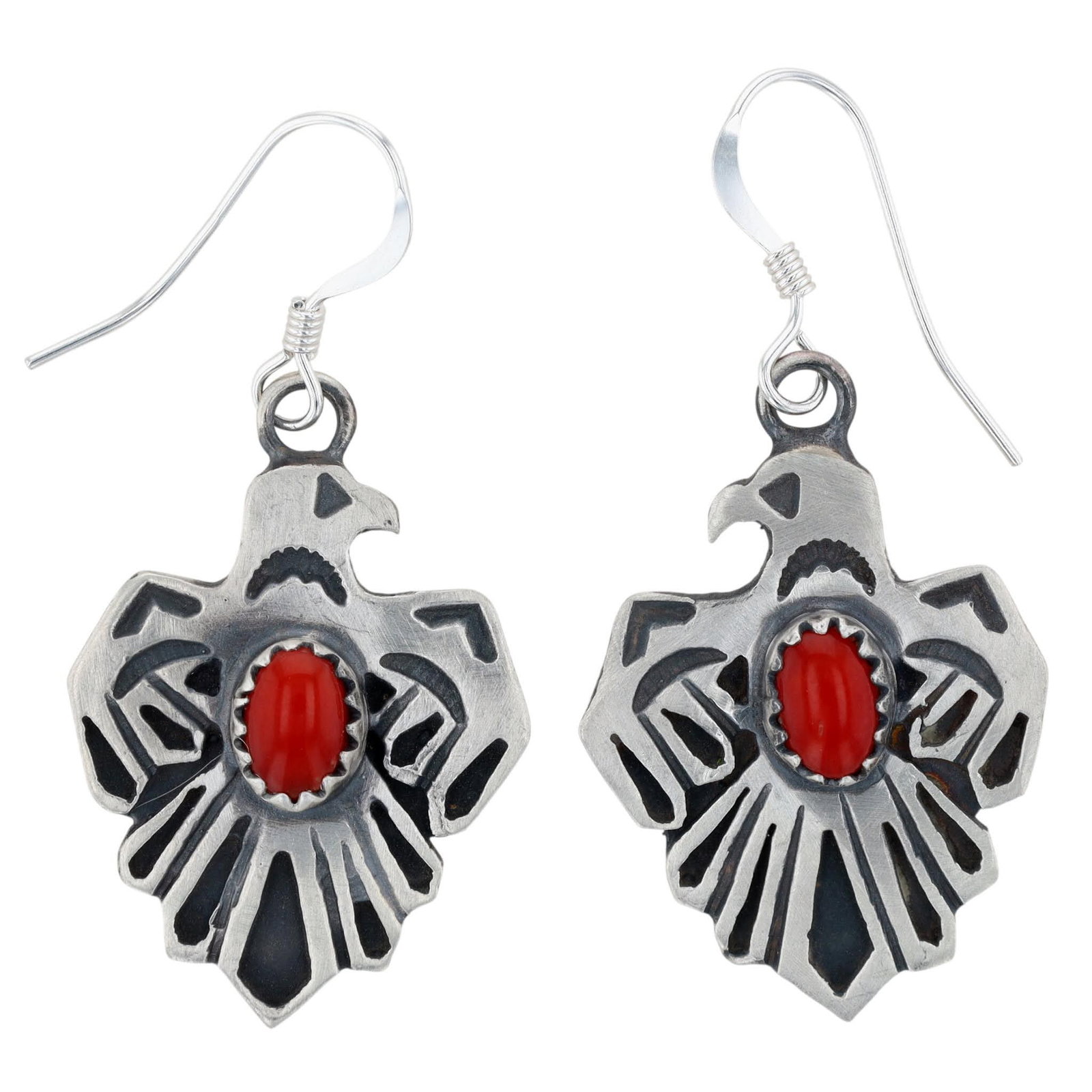 Genevieve Francisco Navajo Sterling Red Coral Thunderbird Earrings: Genevieve Francisco Navajo Sterling Red Coral Thunderbird Hook Earrings 10g