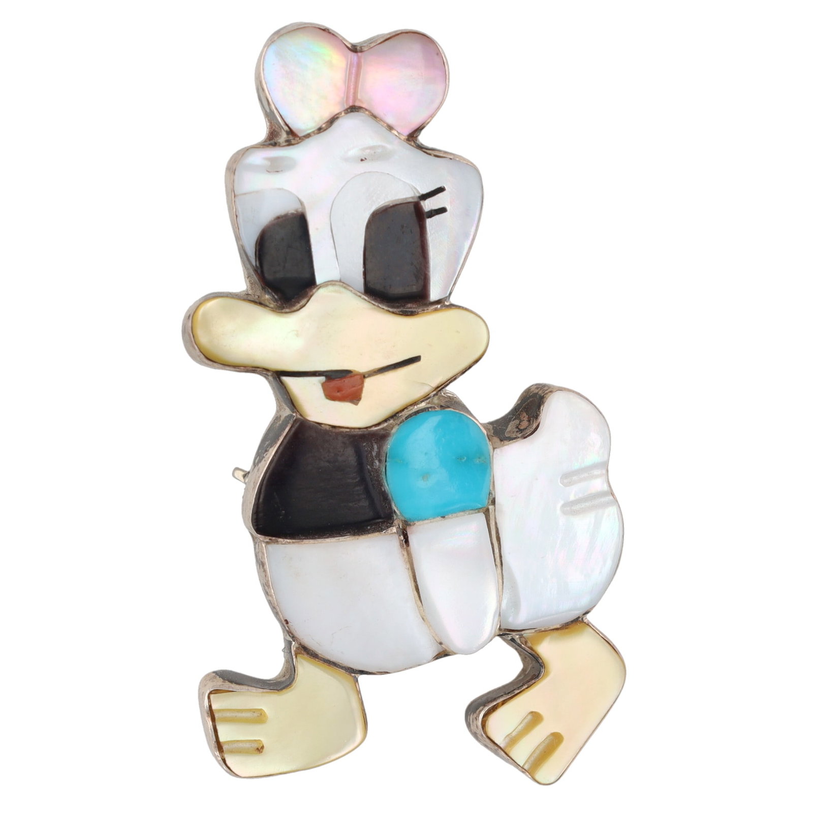 Paula Leekity Zuni Sterling Multi Stone Daisy Duck Inlay Brooch Pendant: Paula Leekity Zuni Sterling Multi Stone Daisy Duck Inlay Brooch Pendant 6g-Onyx, Turquoise, Mother of Pearl
