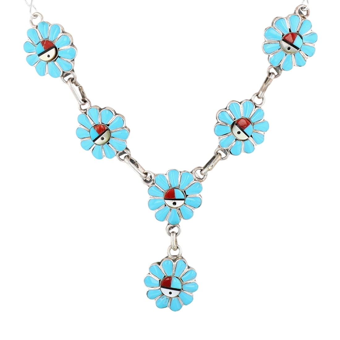 Pauline Lonjose Zuni Sterling Multi-Stone Inlay Sunface Necklace: Pauline Lonjose Zuni Sterling Multi-Stone Inlay Sunface Necklace 23g-Coral, Mother-of-Pearl, Jet, Turquoise-Set with Lot 126