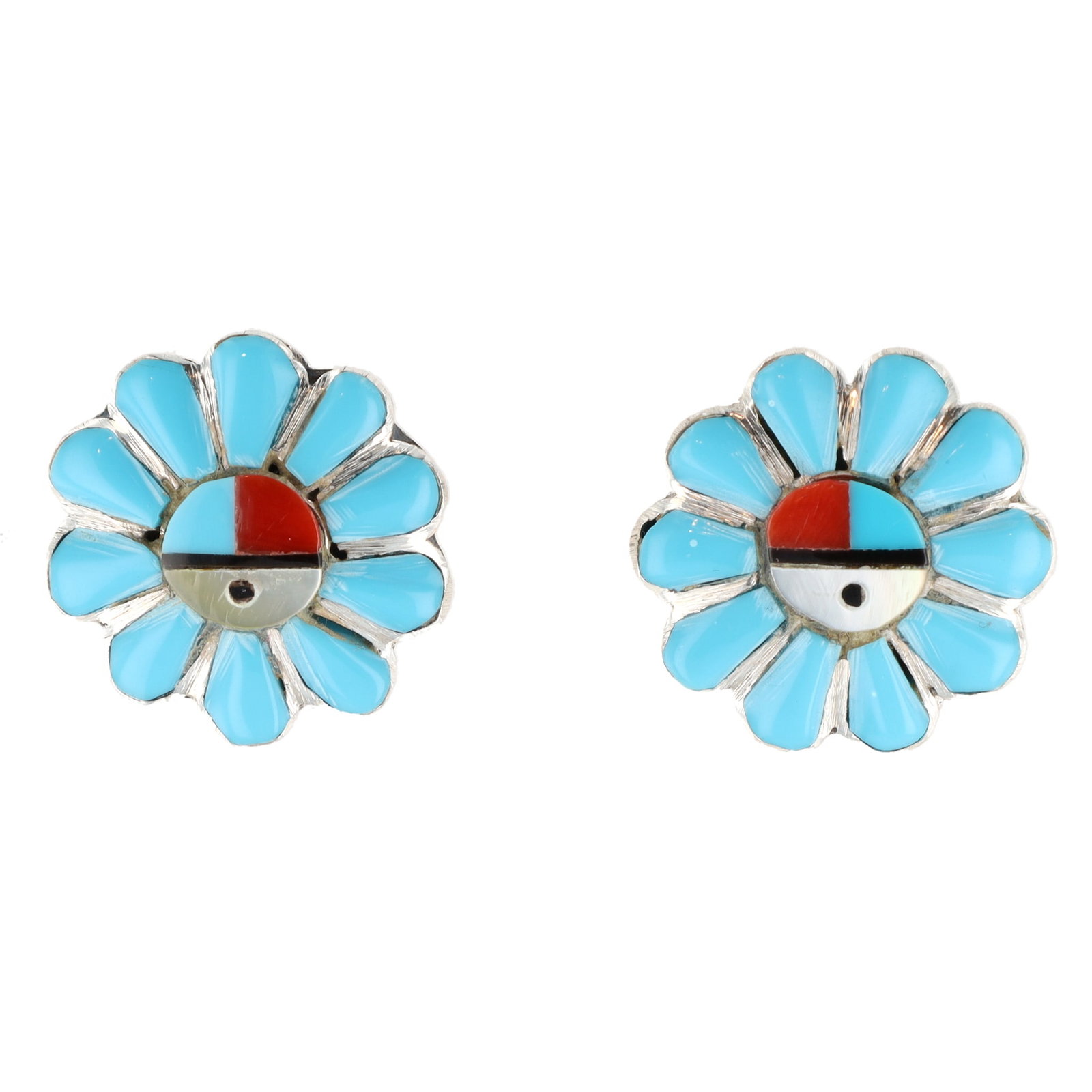 Pauline Lonjose Zuni Sterling Multi-Stone Inlay Sunface Stud Earrings: Pauline Lonjose Zuni Sterling Multi-Stone Inlay Sunface Stud Earrings 6g-Coral, Mother-of-Pearl, Jet, Turquoise-Set with Lot 125