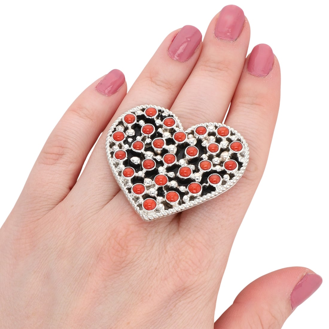 Tina James Navajo Sterling Snake Eye Coral Heart Adjustable Ring: Tina James Navajo Sterling Snake Eye Coral Heart Shaped Adjustable Ring Sz 9.5, 28g