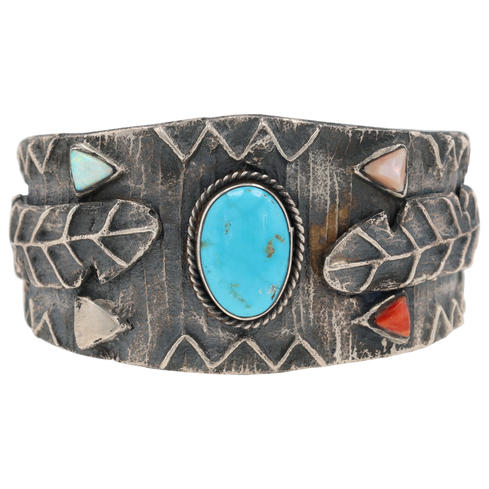 Wilson Dawes Navajo Tufa Cast Sterling Multi-Stone Cuff Bracelet: Wilson Dawes Navajo Tufa Cast Sterling Multi-Stone Cuff Bracelet 110g-Coral, Turquoise, Opal, Mother-of-Pearl-Circumference: Approx. 7 inches/17.8 cm-Opening: Approx. 1.75 inches/4.4 cm