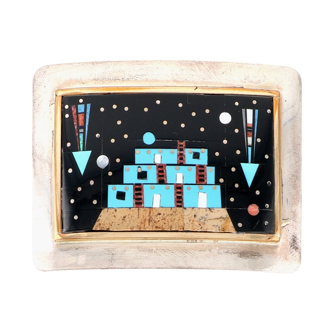 Betty Bitsie Silversmith Lester James Inlay Navajo Sterling Multi-Stone Belt Buckle: Betty Bitsie Silversmith Lester James Inlay Navajo Sterling Multi-Stone Belt Buckle 50g-Spiny Oyster, Onyx, Picture Jasper, Denim Lapis, Opal