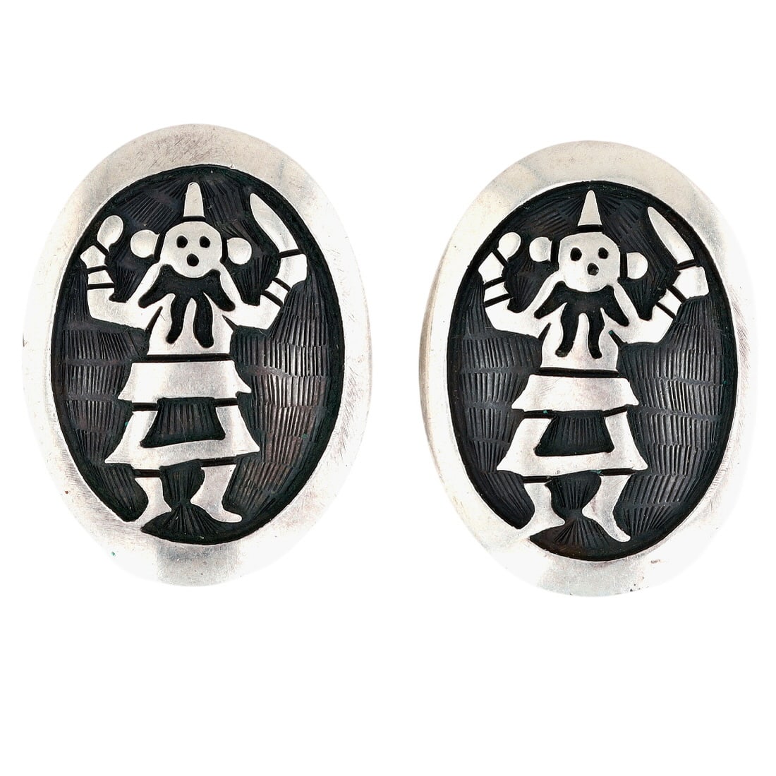 Fernando Puhuhefvaya Hopi Sterling Mudface Overlay Earrings: Fernando Puhuhefvaya Hopi Sterling Mudface Overlay Earrings 8g
