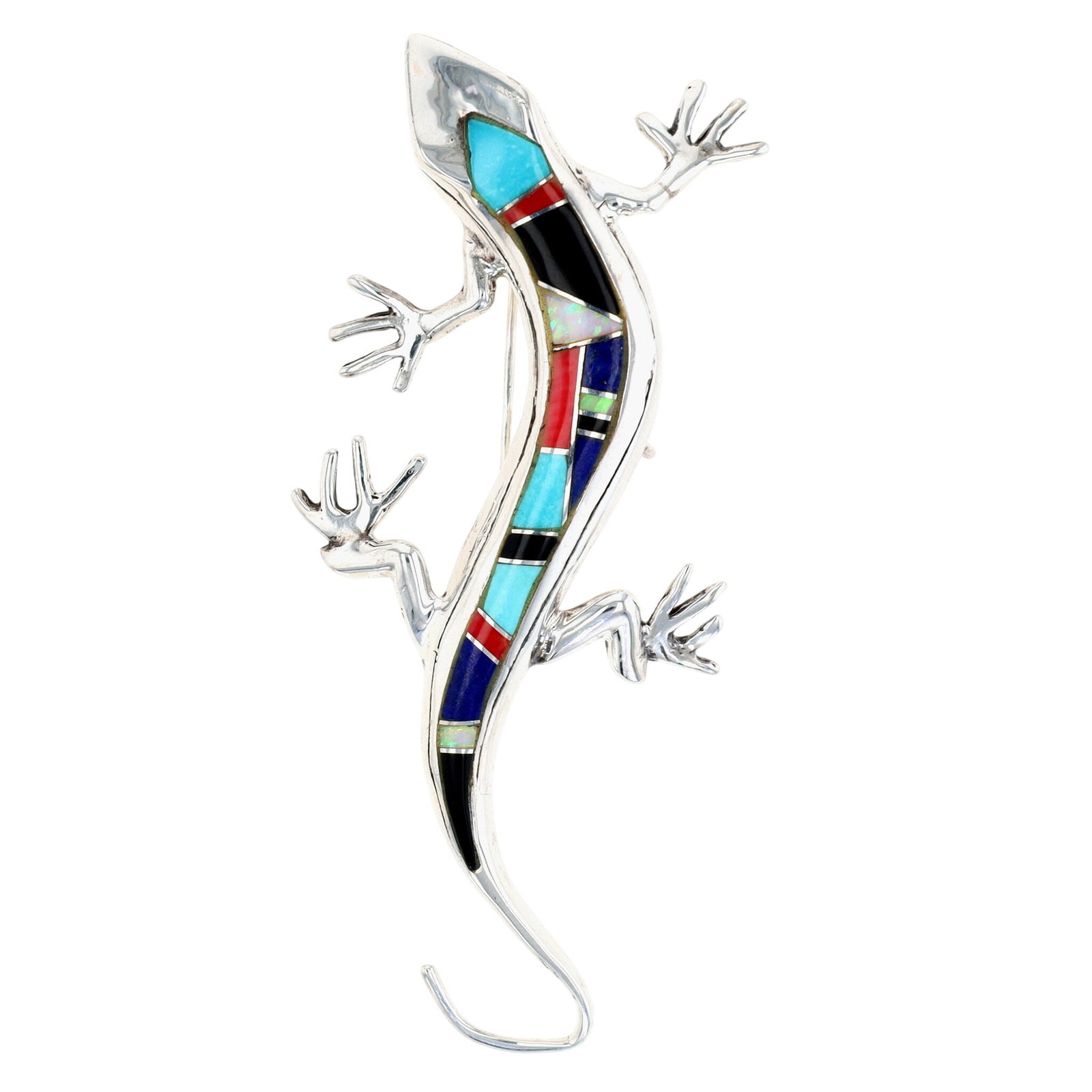 Navajo Sterling Multi-Stone Lizard Inlay Brooch Pendant: Navajo Sterling Multi-Stone Lizard Inlay Brooch Pendant 13g-Turquoise, Coral, Jet, Opal, Lapis