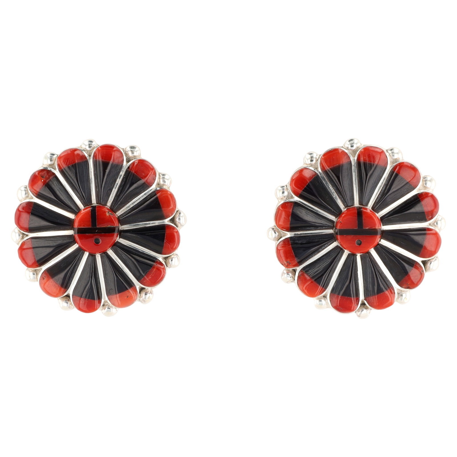 Wilson & Carolyn Niiha Zuni Sterling Multi-Stone Sunface Stud Earrings: Wilson & Carolyn Niiha Zuni Sterling Multi-Stone Sunface Stud Earrings 22g-Onyx, Coral