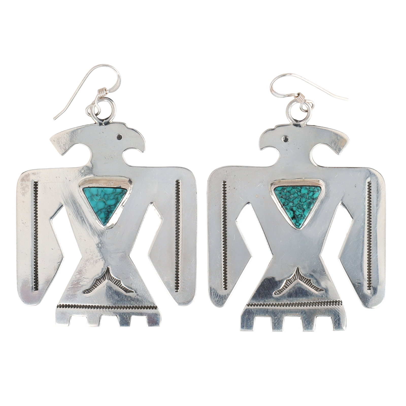 Harold Joe Navajo Sterling Hubei Turquoise Thunderbird Hook Dangle Earrings (1 of 4)
