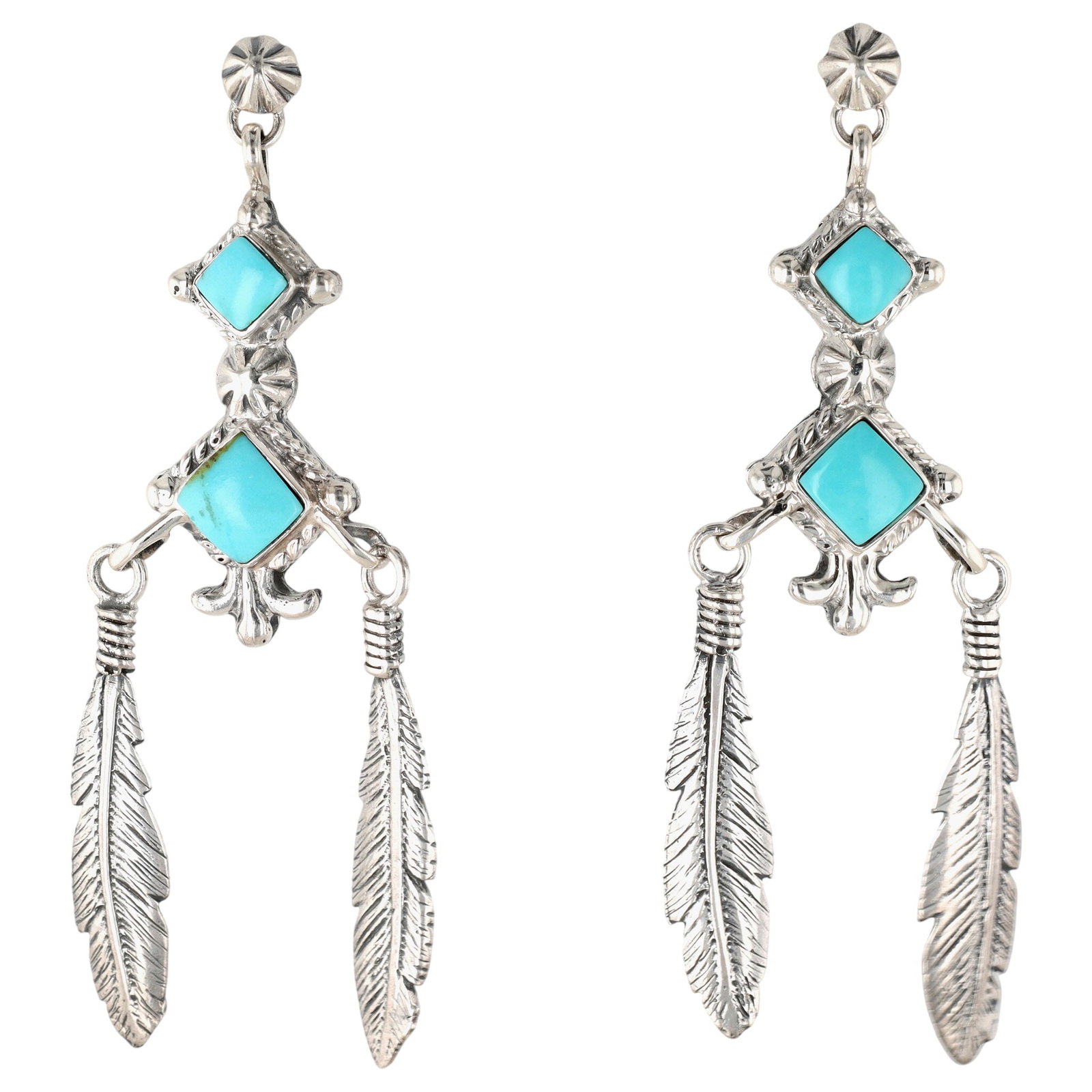 Annie Spencer Navajo Sterling Kingman Turquoise Feather Dangle Earrings (1 of 5)