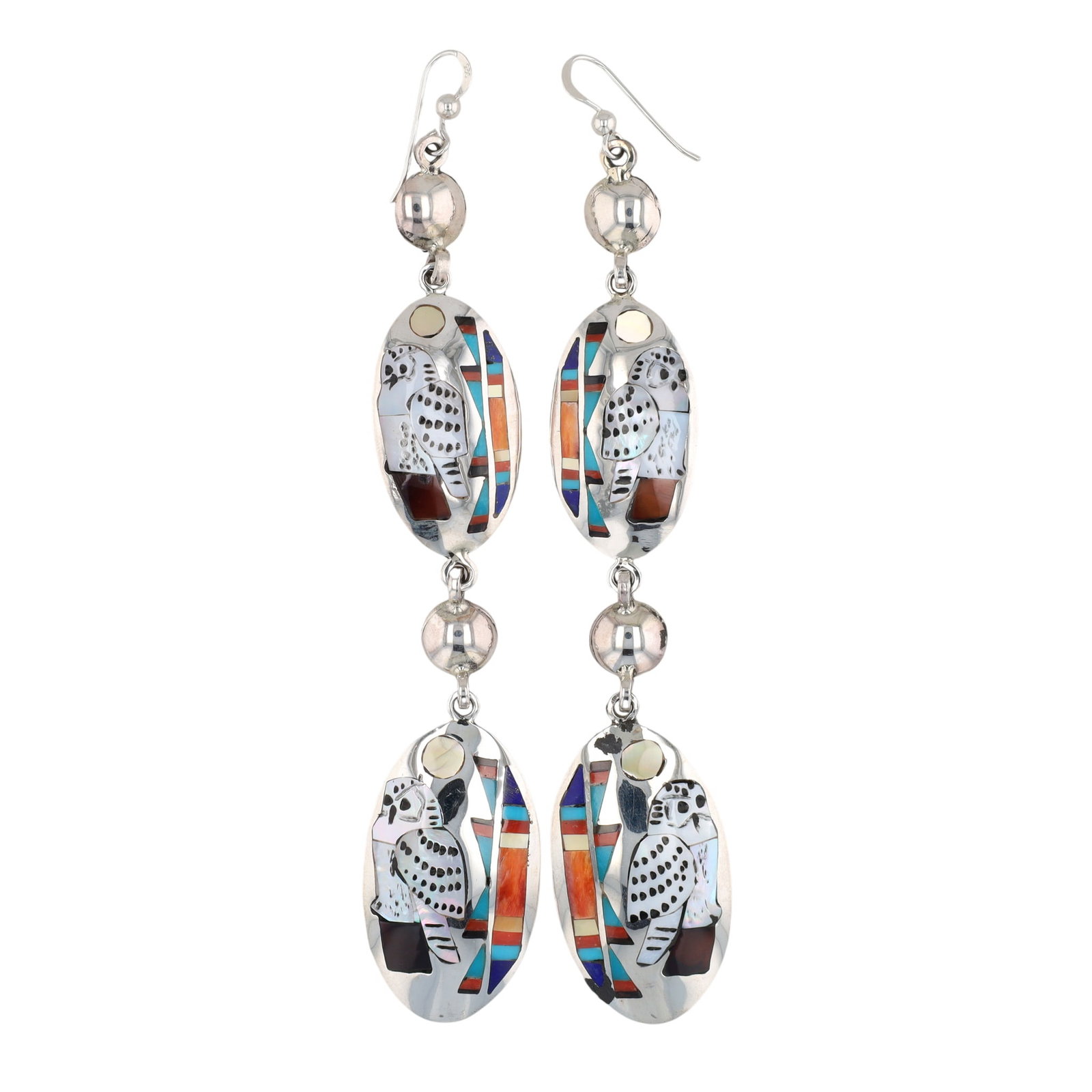 Quentin Quam Sr. Zuni Sterling Multi-Stone Inlay Owl Dangle Earrings: Quentin Quam Sr. Zuni Sterling Multi-Stone Inlay Owl Dangle Earrings 28.5g-Spiny Oyster, Coral, Jet, Lapis, Mother-of-Pearl