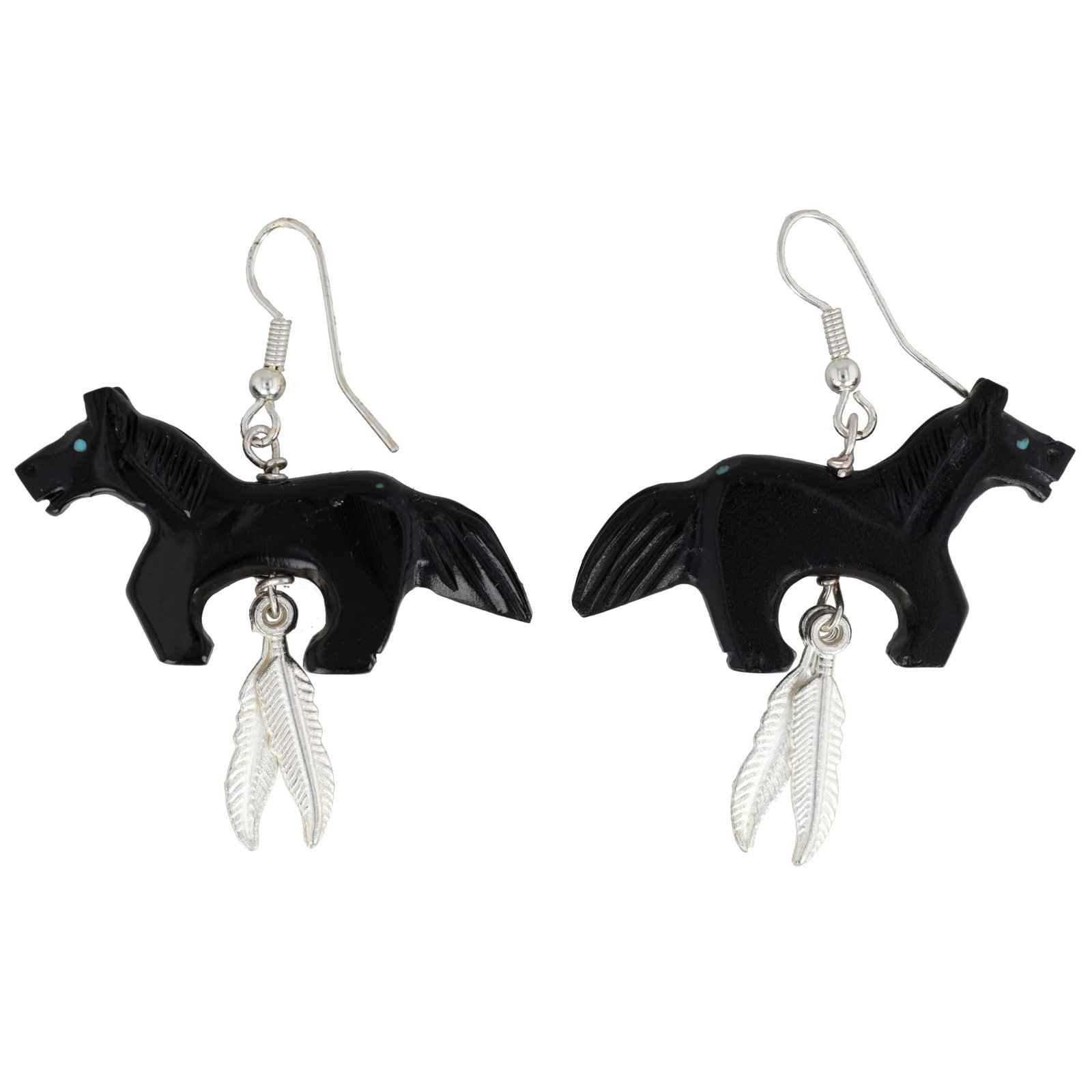 Ben Livingston Navajo Sterling Carved Jet Horse Earrings (1 of 3)