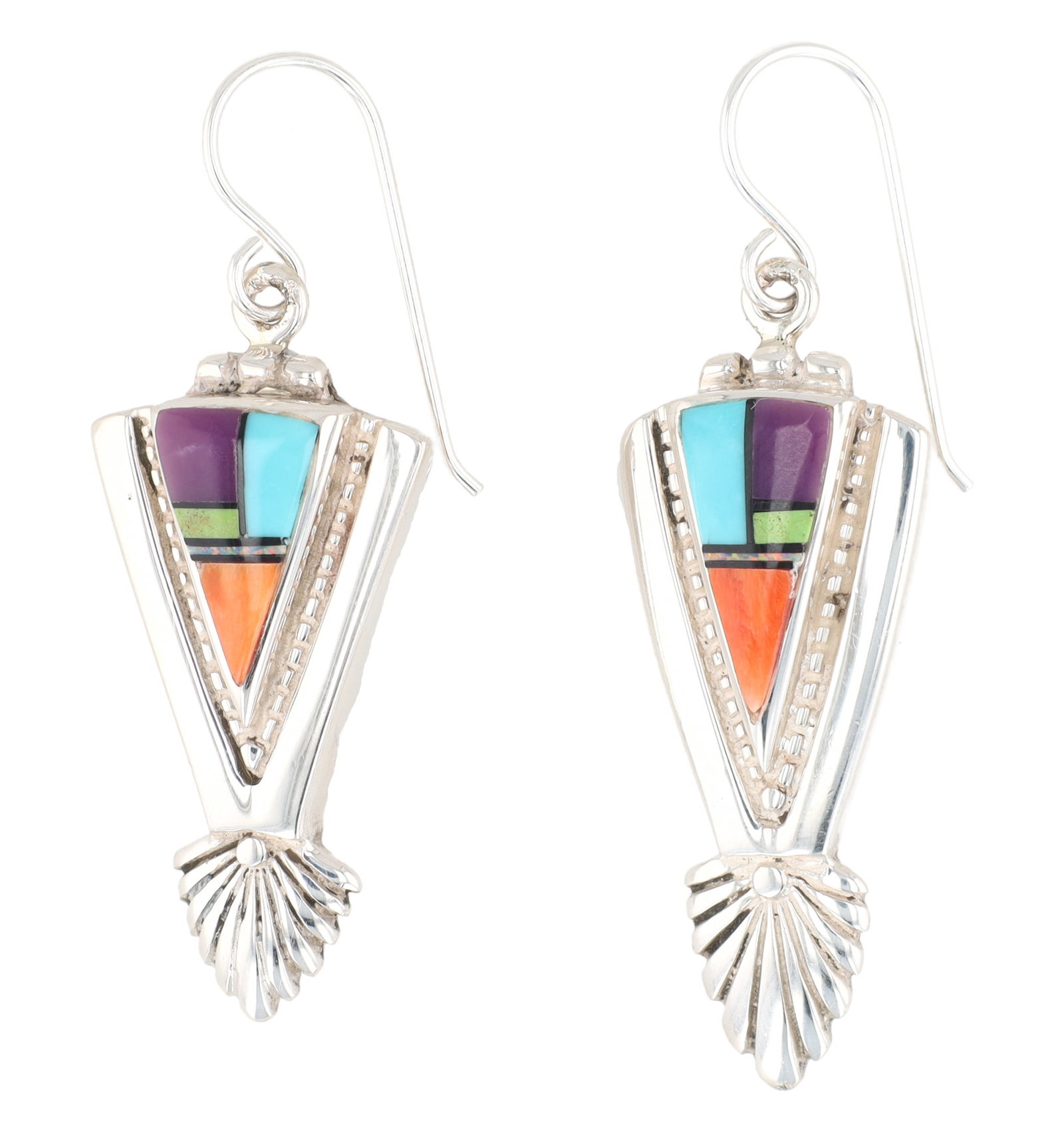 Benson Shorty Navajo Sterling Multi-Stone Inlay Earrings: Benson Shorty Navajo Sterling Multi-Stone Inlay Hook Earrings 12g-Spiny Oyster, Gaspeite, Sugilite, Turquoise-Unstamped portion of matching set made by artist