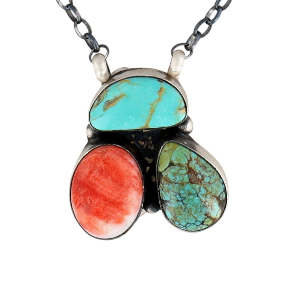 Donovan Skeets Navajo Sterling Multi-Stone Necklace: Donovan Skeets Navajo Sterling Multi-Stone Necklace 13g-Turquoise, Spiny Oyster-Approx 17 inches