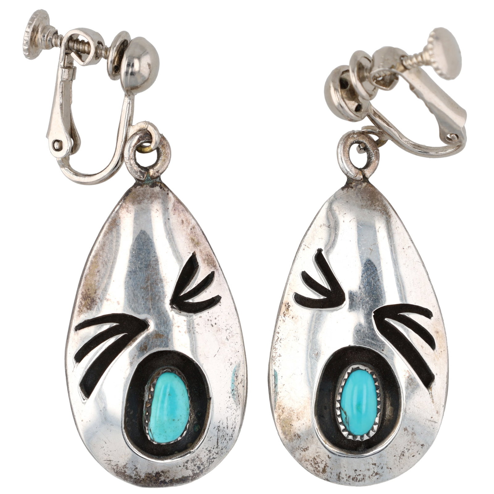 Vintage Navajo Sterling Shadow Box Turquoise Lever Back Earrings (1 of 4)