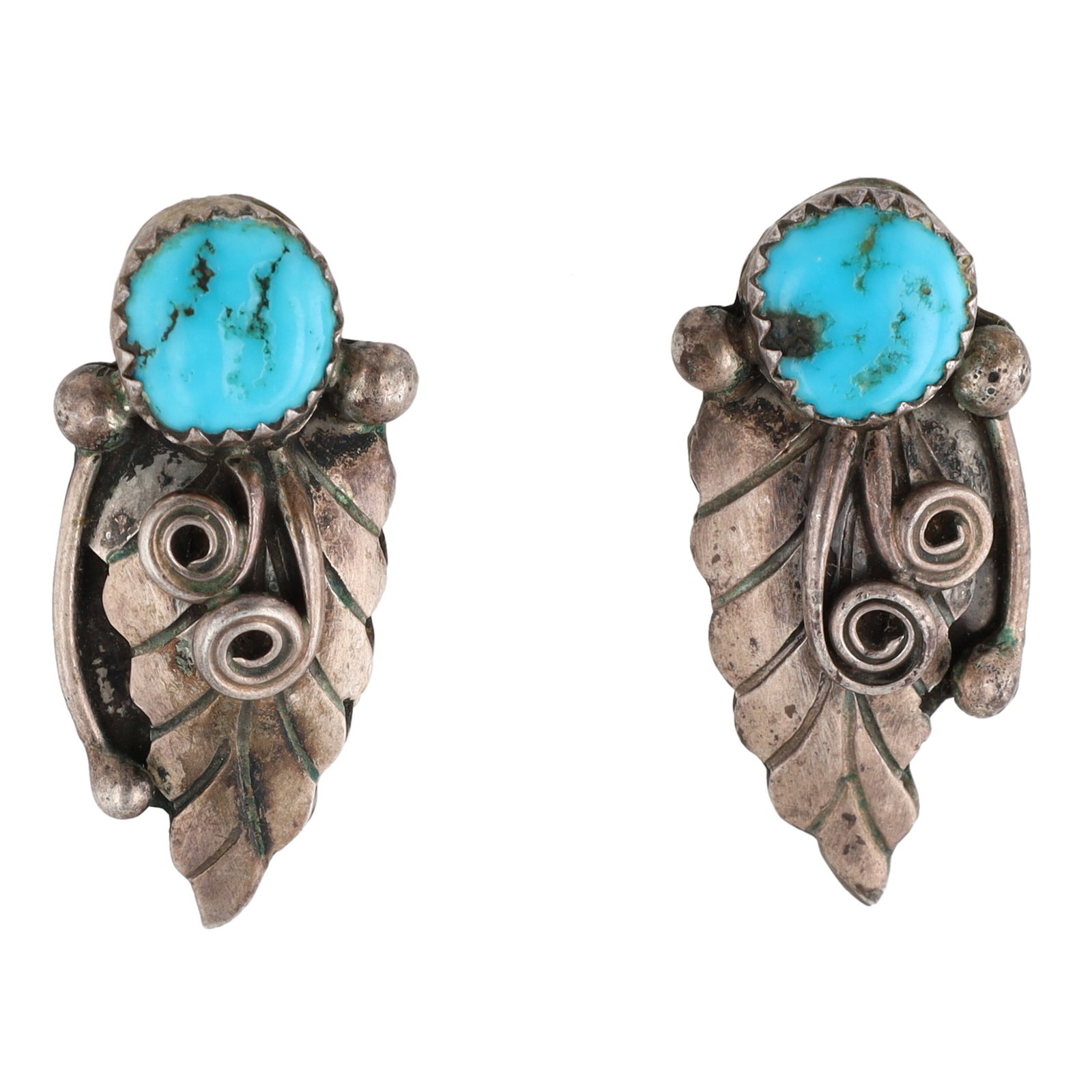 Signed Vintage Navajo Sterling Turquoise Leaf Stud Earrings: Signed 'DA' Vintage Navajo Sterling Turquoise Leaf Stud Earrings 8.5g