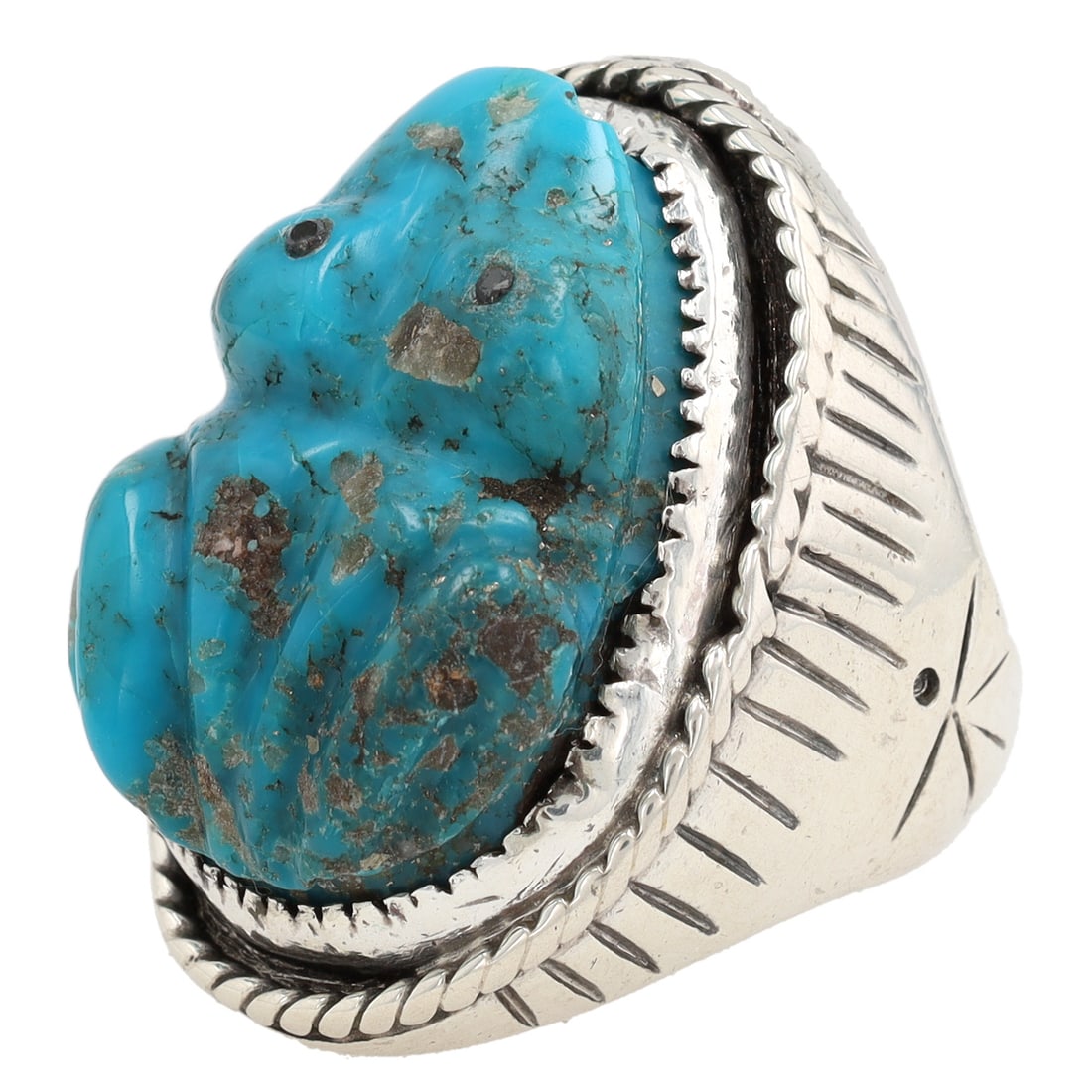 Large Vintage Signed Navajo Sterling Carved Turquoise Frog Ring Sz 8 (1 of 6)