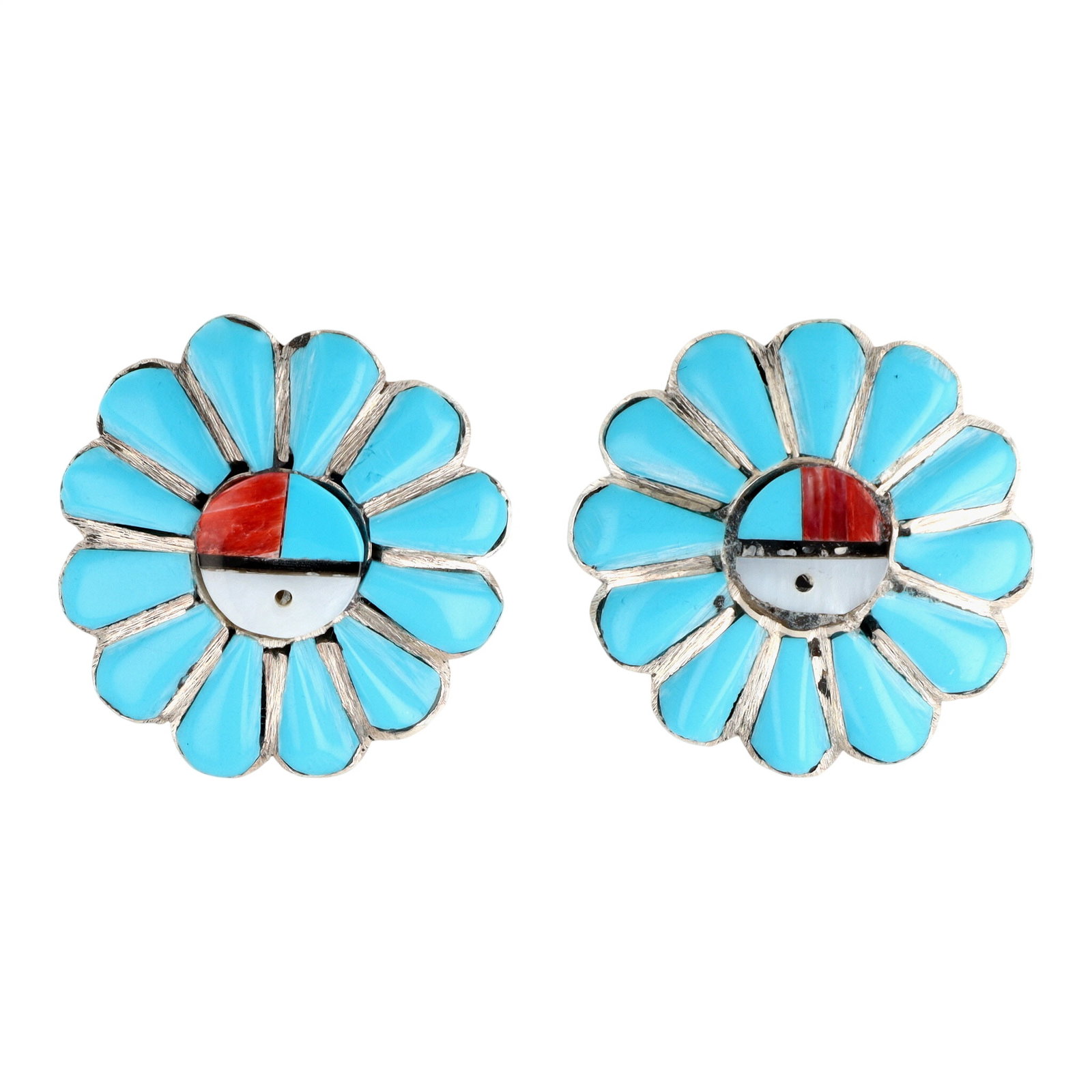 Pauline Lonjose Zuni Sterling Multi-Stone Sunface Inlay Stud Earrings: Pauline Lonjose Zuni Sterling Multi-Stone Sunface Inlay Stud Earrings 9g-Coral, Turquoise, Mother-of-Pearl, Jet