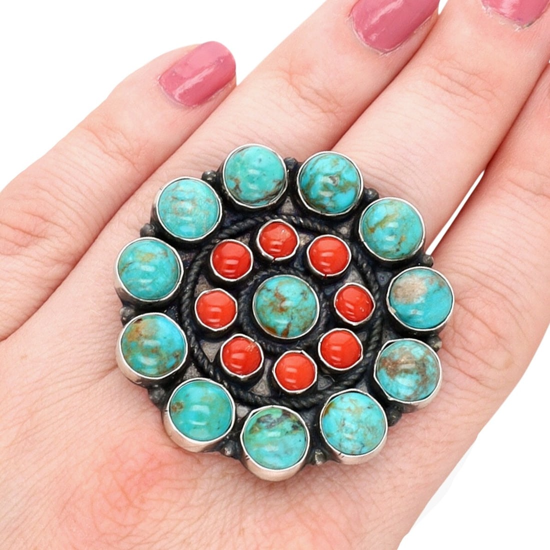 Devin Brown Navajo Sterling Multi-Stone Adjustable Ring: Devin Brown Navajo Sterling Multi-Stone Adjustable Ring Sz 7.5, 19.5g-Coral, Turquoise