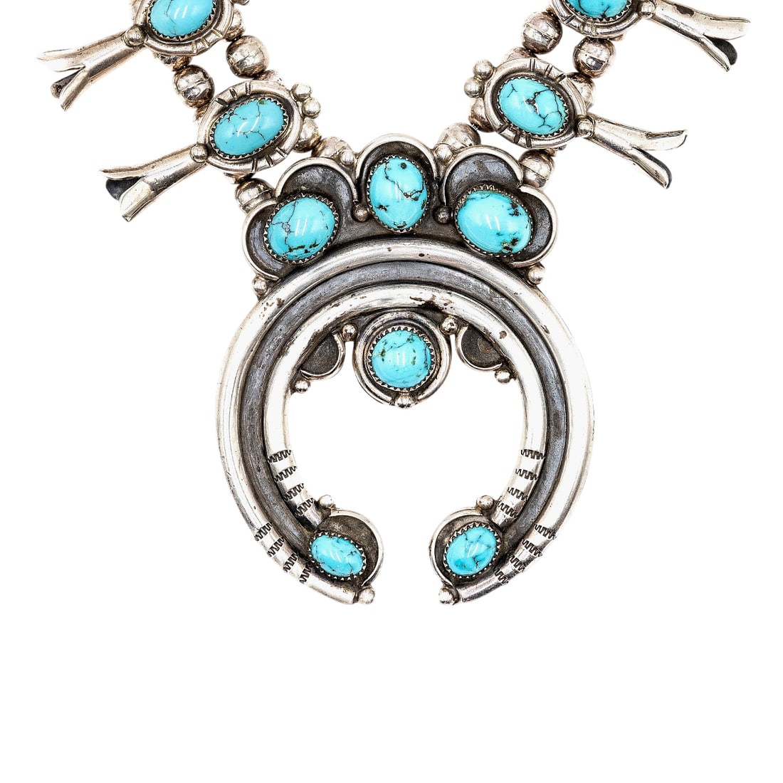 Vintage Navajo Sterling Turquoise Squash Blossom Necklace: Vintage Navajo Sterling Turquoise Squash Blossom Necklace 230g-Approx. 25 Inches