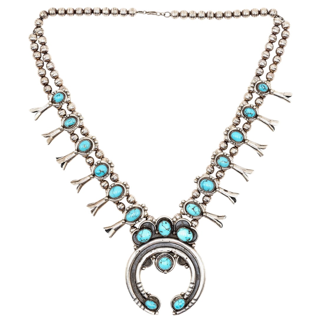 Vintage Navajo Sterling Turquoise Squash Blossom Necklace - 2