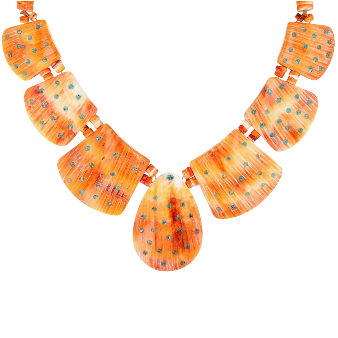 Joann Garcia Santo Domingo Sterling Spiny Oyster Heishi Necklace: Joann Garcia Santo Domingo Sterling Spiny Oyster Heishi Necklace 122.5g-Crushed Turquoise Inlay Dots-Approx 16 inches