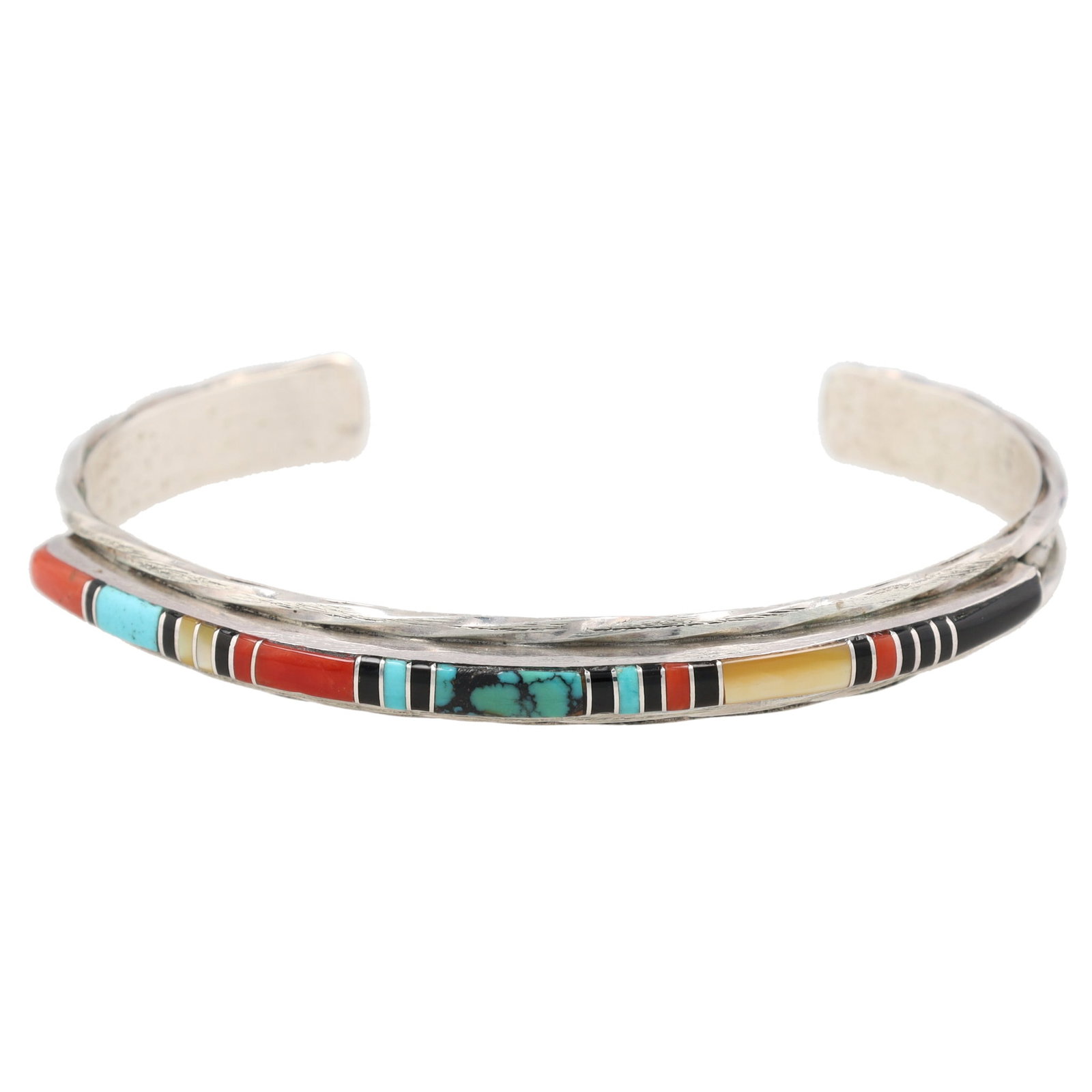 L. Bowannie "Shewe" Zuni Sterling Multi Stone Inlay Cuff Bracelet: L. Bowannie "Shewe" Zuni Sterling Multi Stone Inlay Cuff Bracelet 11g-Coral, Onyx, Mother of Pearl-Signed "L. Bowannie "Shewe" Zuni"