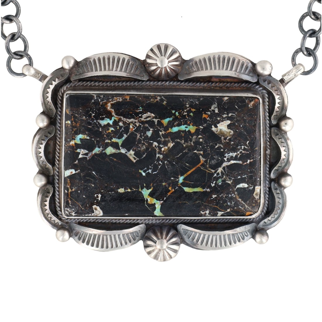 Bennie Ramone Navajo Sterling Blackjack Turquoise Necklace: Bennie Ramone Navajo Sterling Blackjack Turquoise Necklace 34g-Signed "R" pictomark