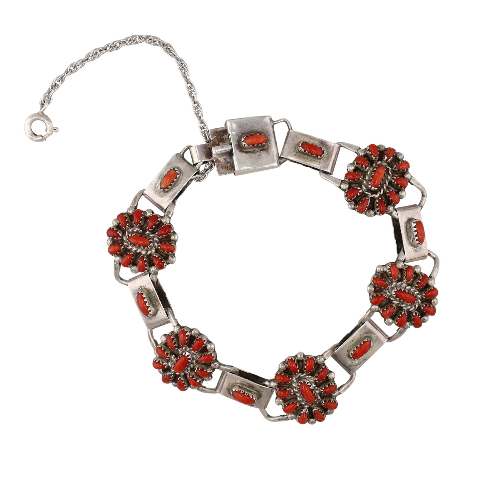 Signed Vintage Zuni Sterling Coral Bracelet: Signed 'MDB' Vintage Zuni Sterling Coral Bracelet