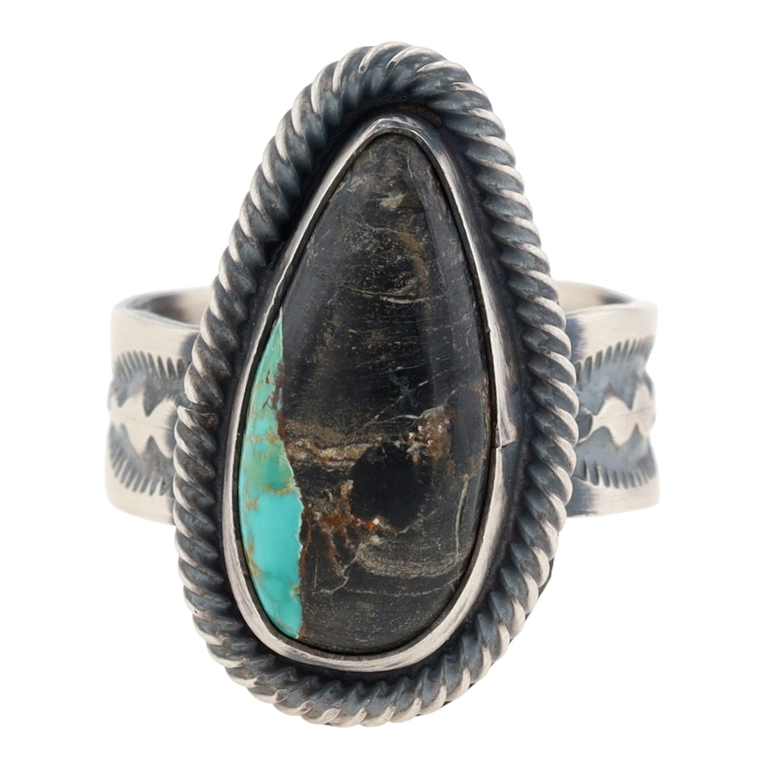 Bennie Ramone Navajo Sterling Blackjack Turquoise Adjustable Ring: Bennie Ramone Navajo Sterling Blackjack Turquoise Adjustable Ring Sz 6.5, 10.5g-Signed "R pictograph"