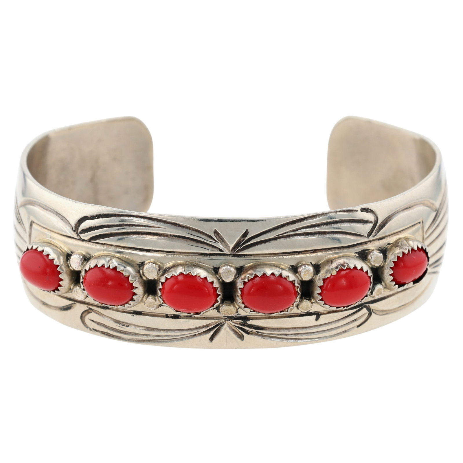 Signed Navajo Nickel Silver Coral Cuff Bracelet: Signed 'S' Navajo Nickel Silver Coral Cuff Bracelet 28g