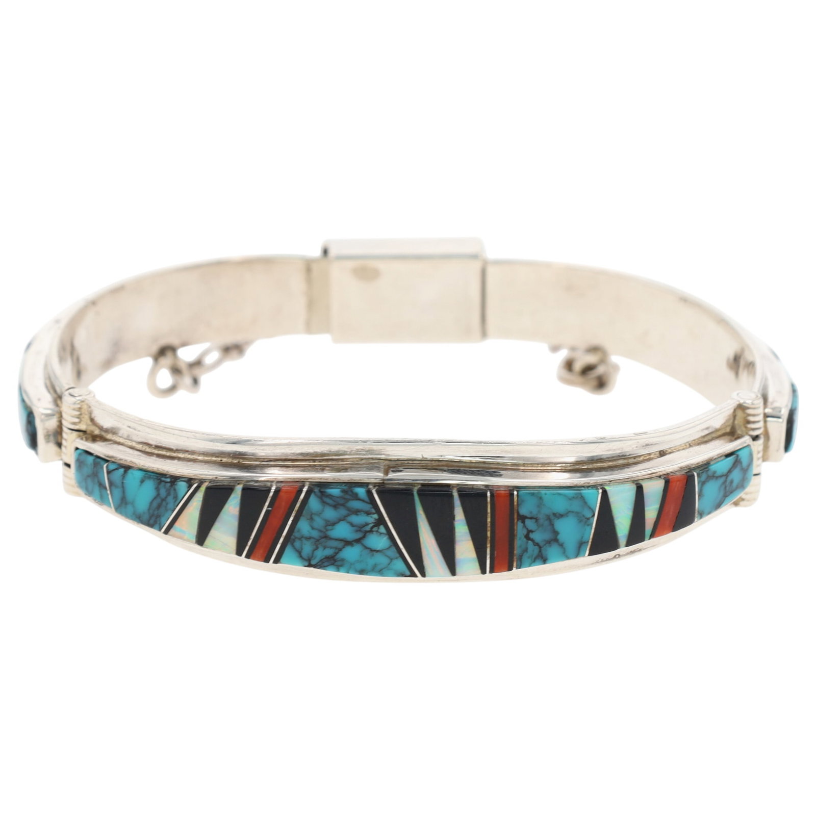 Jay Boyd Navajo Sterling Multi-Stone Inlay Bracelet: Jay Boyd Navajo Sterling Multi-Stone Inlay Bracelet 31.5g-Turquoise, Coral, Onyx, Opal