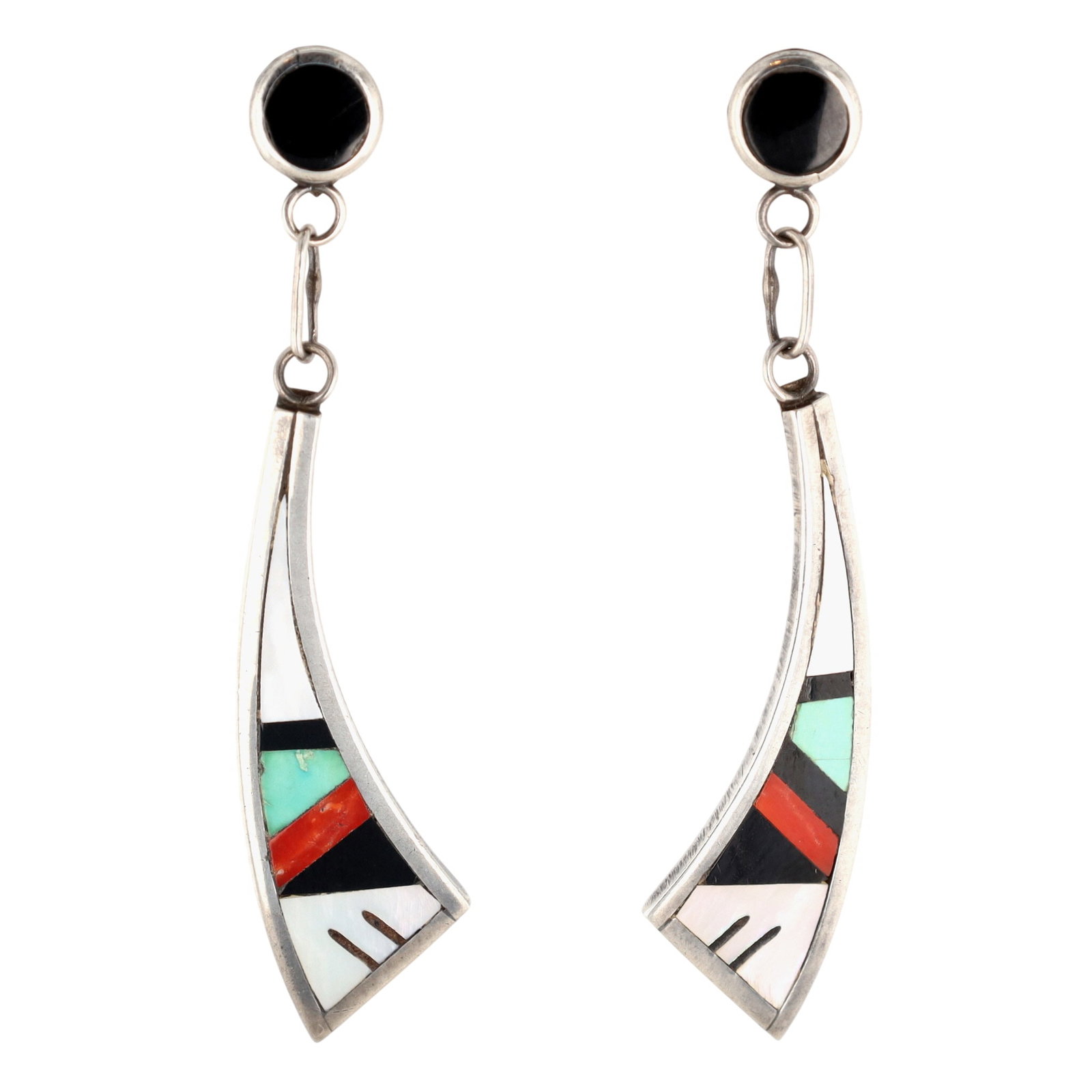 Emery Ohmsatte Zuni Sterling Multi-Stone Inlay Stud Earrings: Emery Ohmsatte Zuni Sterling Multi-Stone Inlay Stud Dangle Earrings 5g-Jet, Coral, Turquoise, Mother-of-Pearl-Signed with sunface pictomark