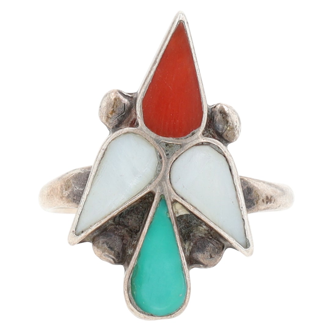 Vintage Zuni Sterling Multi-Stone Thunderbird Ring Sz 5.5: Vintage Zuni Sterling Multi-Stone Thunderbird Ring Sz 5.5, 3g-Coral, Turquoise, Mother-of-Pearl