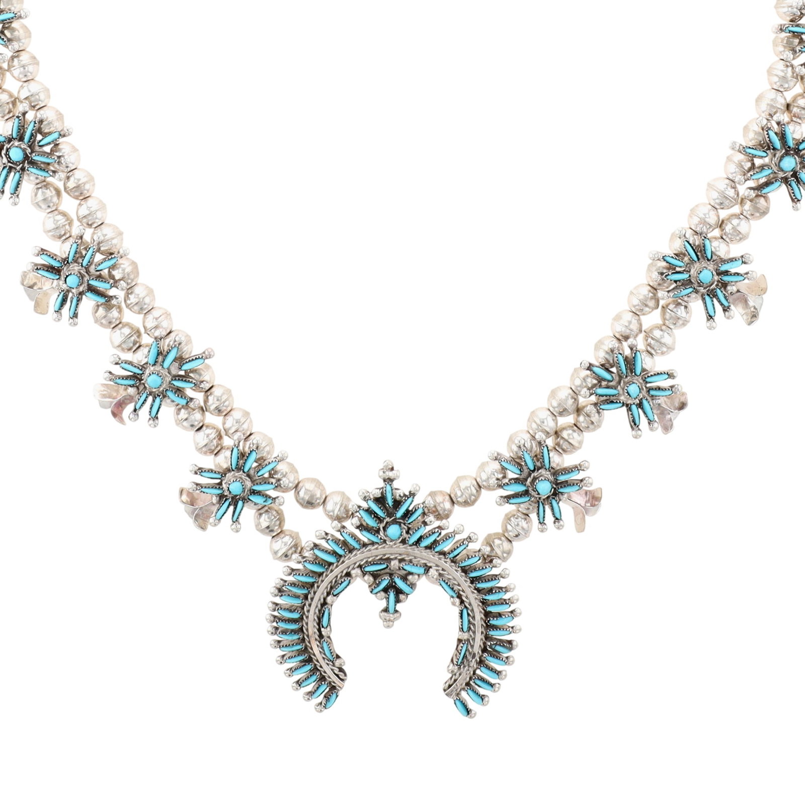 Marlon Quam Zuni Sterling Needlepoint Turquoise Squash Blossom Necklace: Marlon Quam Zuni Sterling Needlepoint Turquoise Squash Blossom Necklace 54.5g