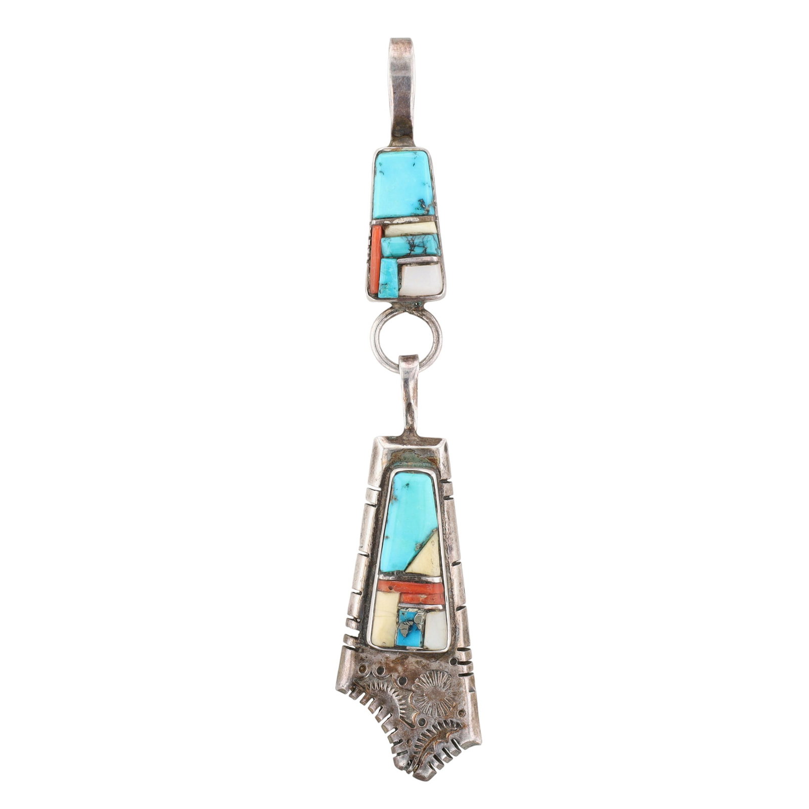 David Tone Navajo Sterling Cobblestone Inlay Pendant: David Tone Navajo Sterling Cobblestone Inlay Pendant 23g-Fossilized bone, Coral, Turquoise, Mother-of-Pearl-Crack in bottom left bone, as shown in photos