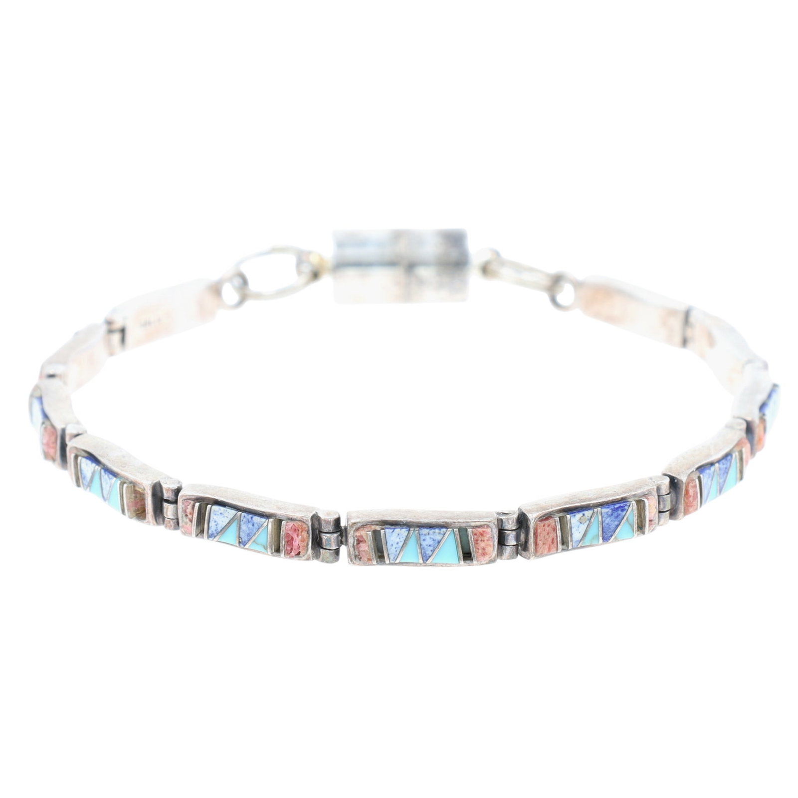 Vintage Southwestern Sterling Multi-Stone Inlay Bracelet: Vintage Southwestern Sterling Multi-Stone Inlay Bracelet 12g As Is-Turquoise, Coral, Shell-Cracked Coral Pieces