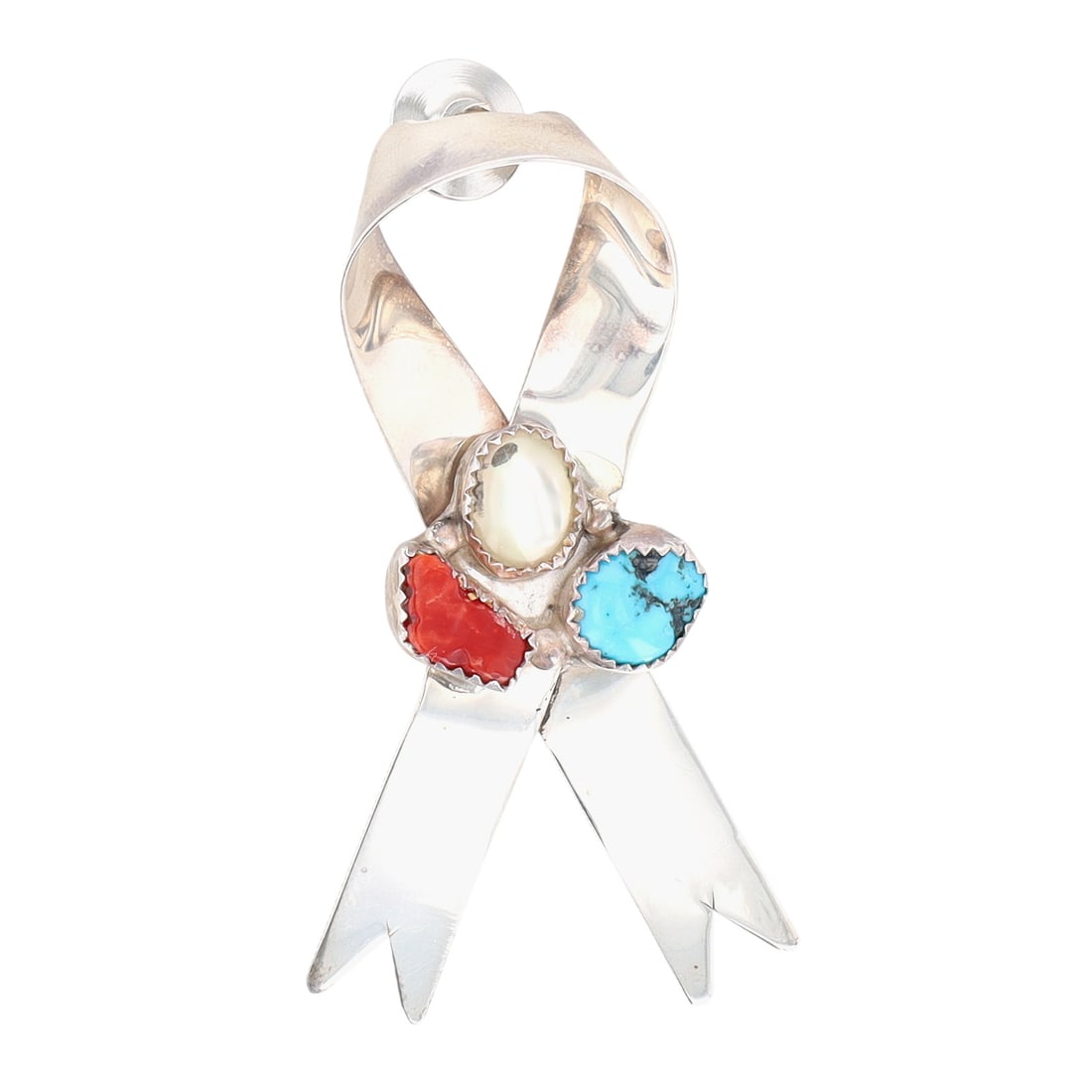 Dan Nieto Sterling Multi-Stone Support Ribbon Pin: Dan Nieto Sterling Multi-Stone Support Ribbon Pin 13g-Coral, Turquoise, Moonstone