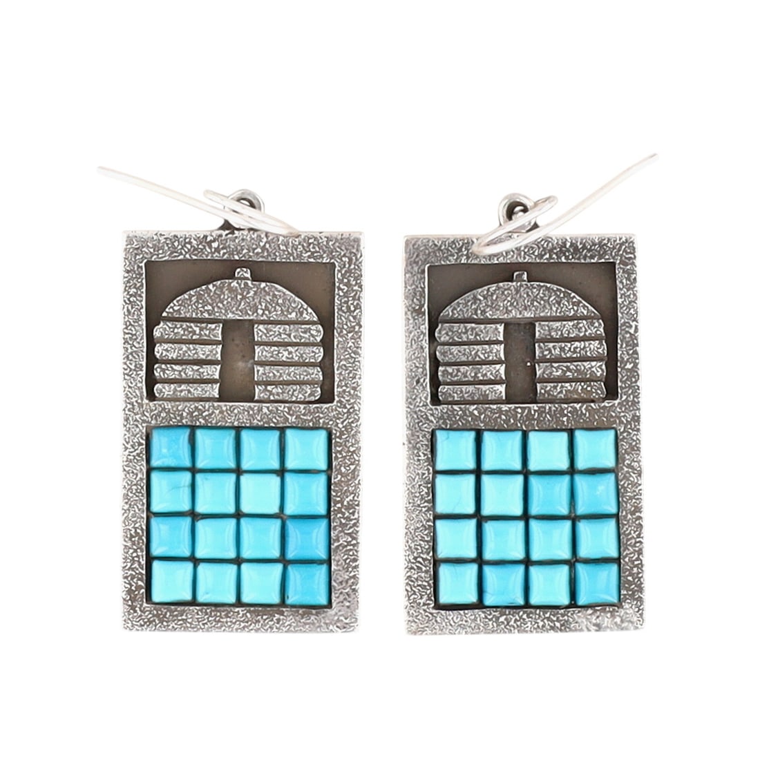 Aaron John Navajo Tufa Cast Sterling Turquoise Hogan Earrings: Aaron John Navajo Tufa Cast Sterling Turquoise Hogan Earrings
