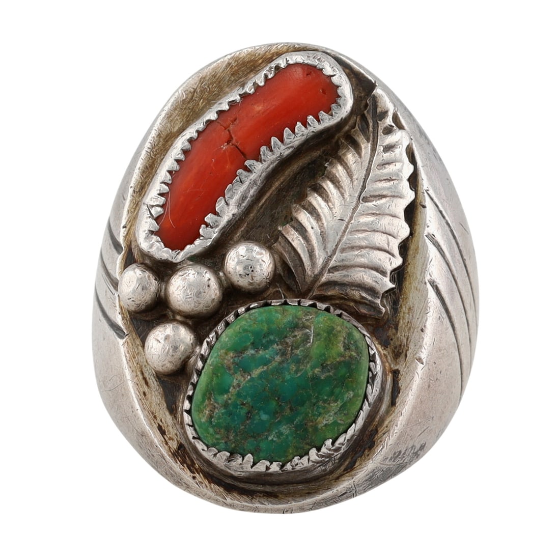 Vintage Navajo Sterling Multi-Stone Ring Sz 9.25: Vintage Navajo Sterling Multi-Stone Ring Sz 9.25, 27g-Coral, Turquoise-As-is, crack in coral, as shown