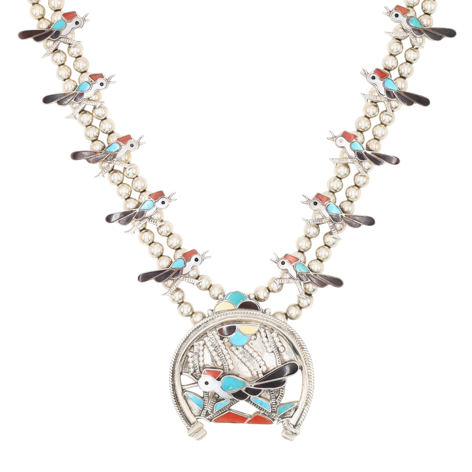 Allyn & Verna Zunie Zuni Sterling Multi-Stone Inlay Roadrunner Squash Blossom Necklace: Allyn & Verna Zunie Zuni Sterling Multi-Stone Inlay Roadrunner Squash Blossom Necklace 209g-Coral, Turquoise, Mother of Pearl, Onyx-Signed A+V Zunie-Approx. 26 Inches