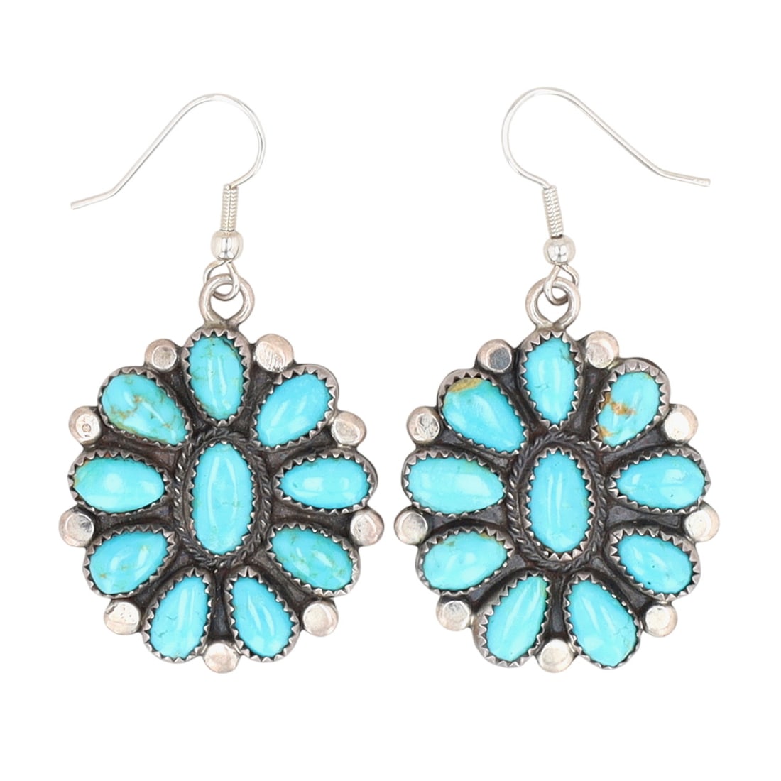Vintage Navajo Sterling Turquoise Cluster Earrings: Vintage Navajo Sterling Turquoise Cluster Hook Earrings 25g