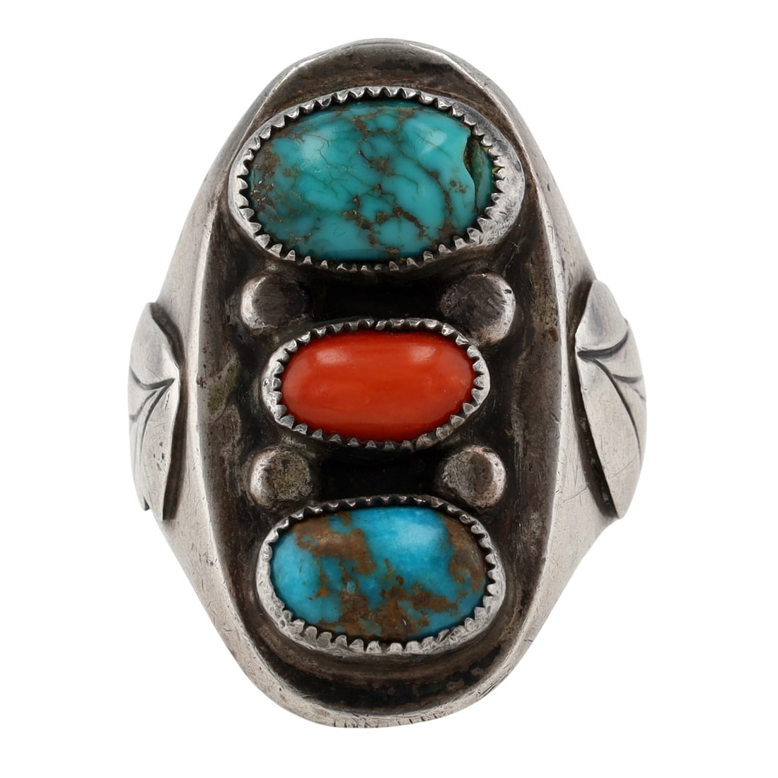 Vintage Navajo Sterling Multi-Stone Ring Sz 11: Vintage Navajo Sterling Multi-Stone Ring Sz 11, 23.5g As Is-Coral, Turquoise-Cracked stone shown in photos