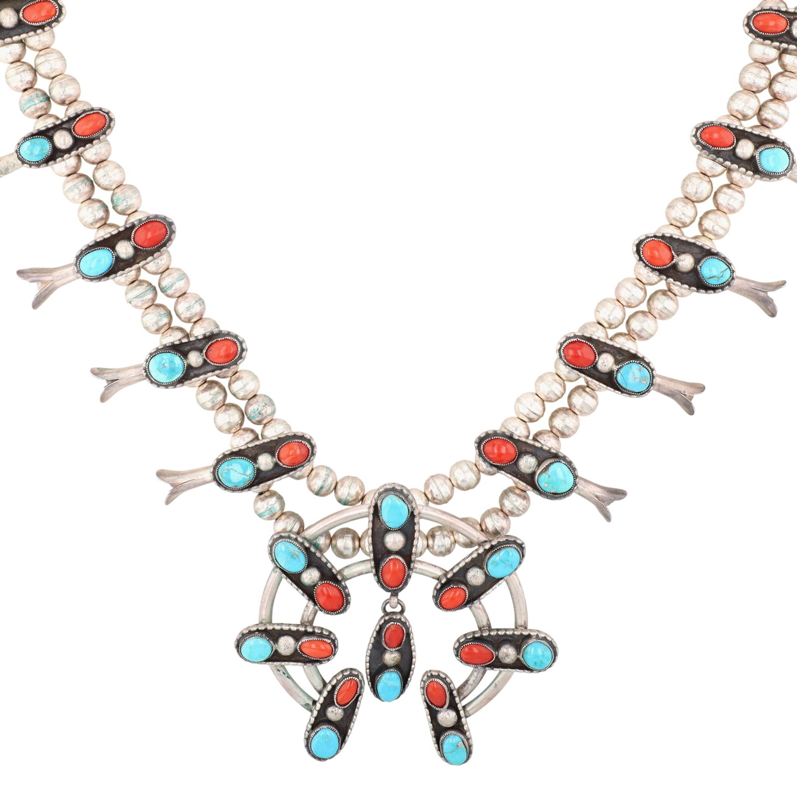 Vintage Navajo Sterling Multi-Stone Squash Blossom Necklace: Vintage Navajo Sterling Multi-Stone Squash Blossom Necklace 127g-Coral, Turquoise