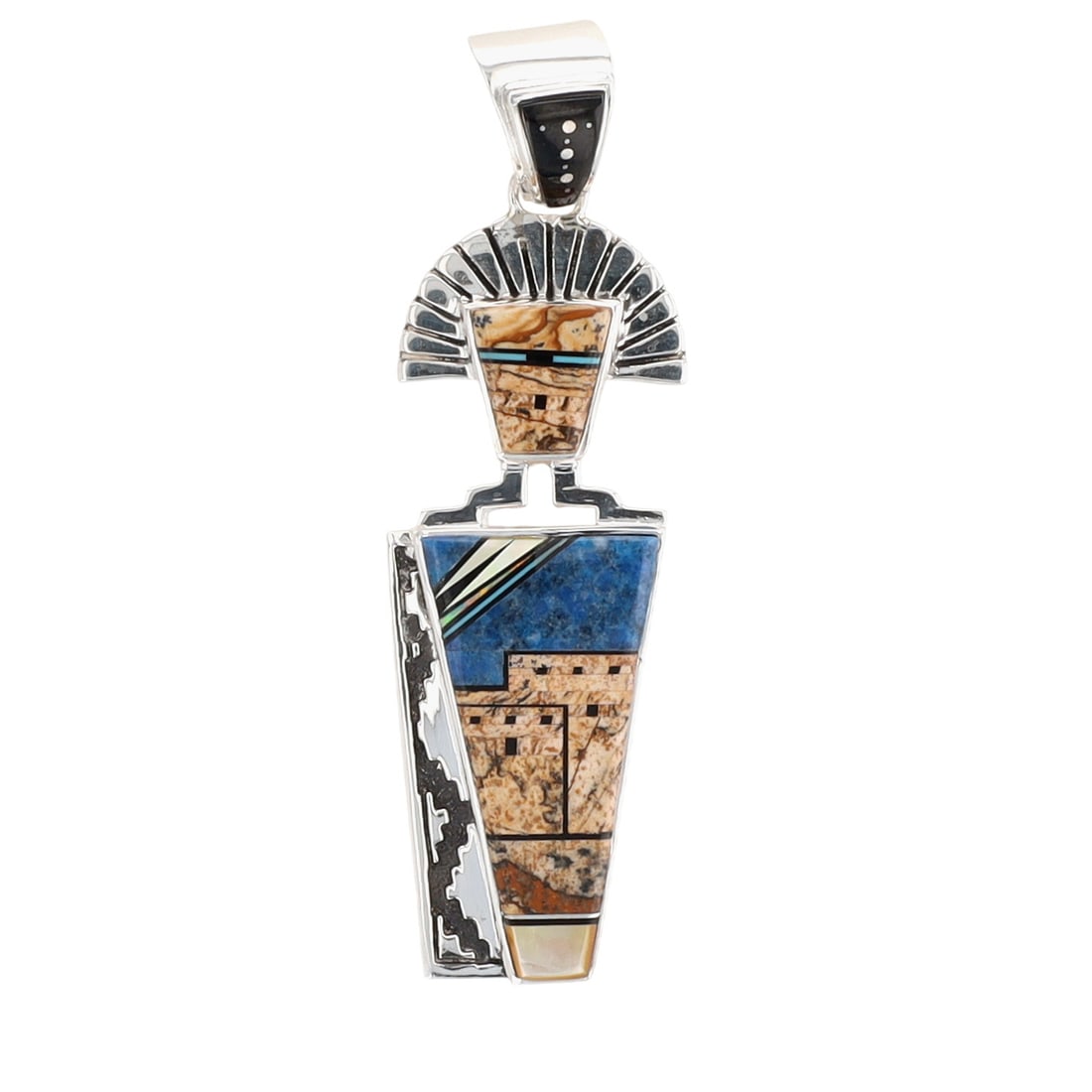 Calvin Begay Navajo Sterling Multi-Stone Yei Pueblo Inlay Pendant: Calvin Begay Navajo Sterling Multi-Stone Yei Pueblo Inlay Pendant 22g-Denim Lapis, Onyx, Picture Jasper, Tigers Eye, Turquoise